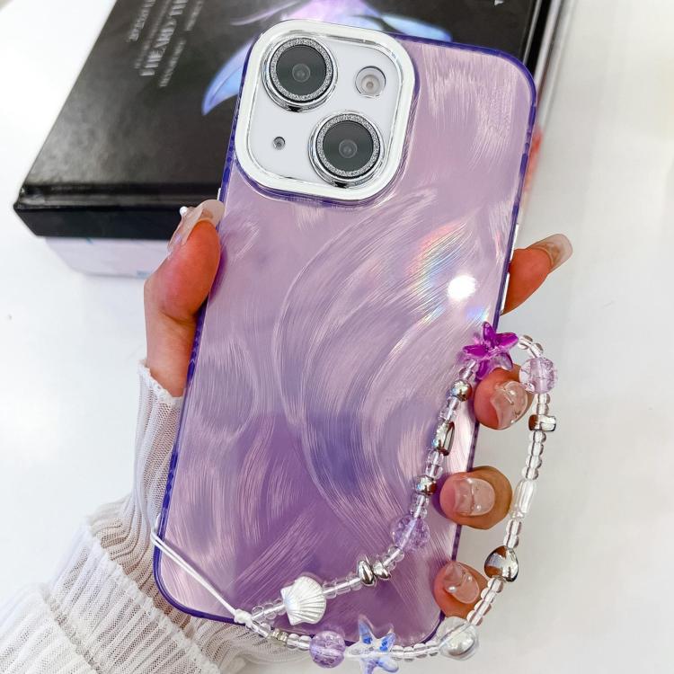 For iPhone 13 Plating Glitter Texture Chain Wristband TPU Phone Case with Lens Film