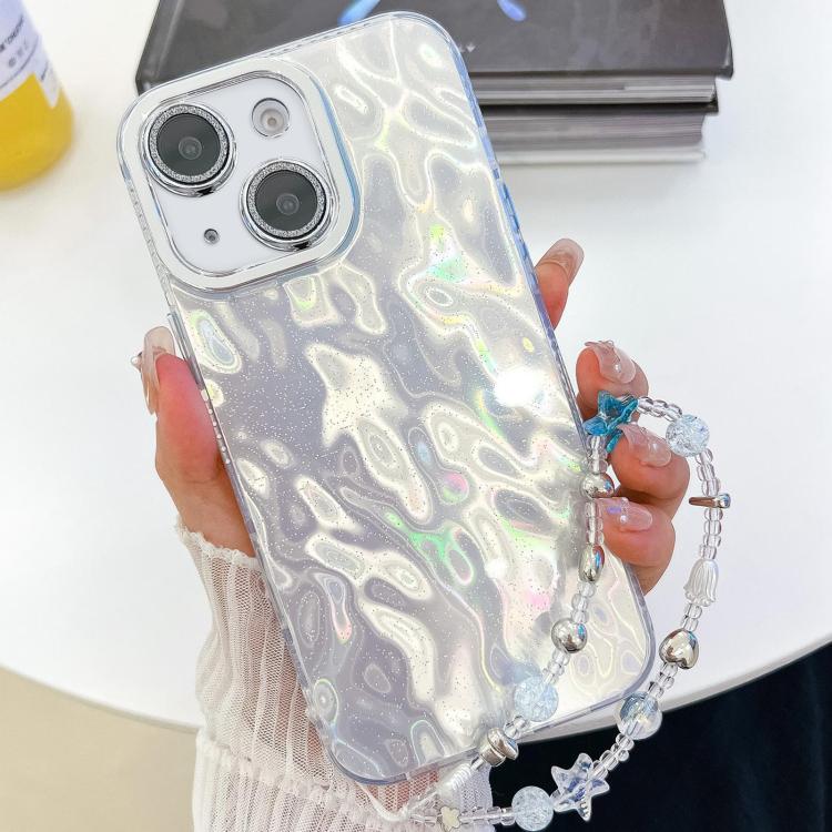 For iPhone 13 Plating Glitter Texture Chain Wristband TPU Phone Case with Lens Film