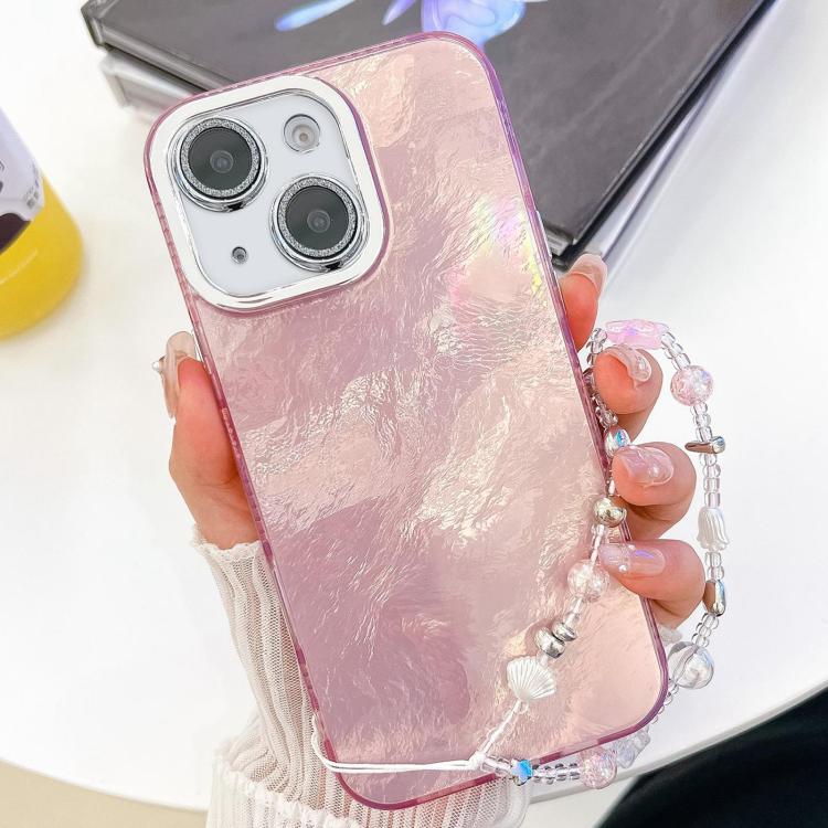 For iPhone 13 Plating Glitter Texture Chain Wristband TPU Phone Case with Lens Film