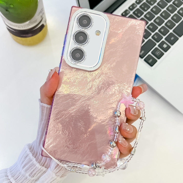For Samsung Galaxy S24 FE 5G Plating Glitter Texture Chain Wristband TPU Phone Case with Lens Film