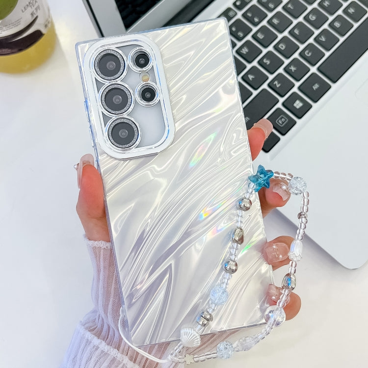 For Samsung Galaxy S23 Ultra 5G Plating Glitter Texture Chain Wristband TPU Phone Case with Lens Film