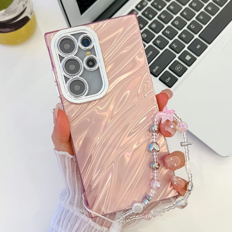 For Samsung Galaxy S23 Ultra 5G Plating Glitter Texture Chain Wristband TPU Phone Case with Lens Film