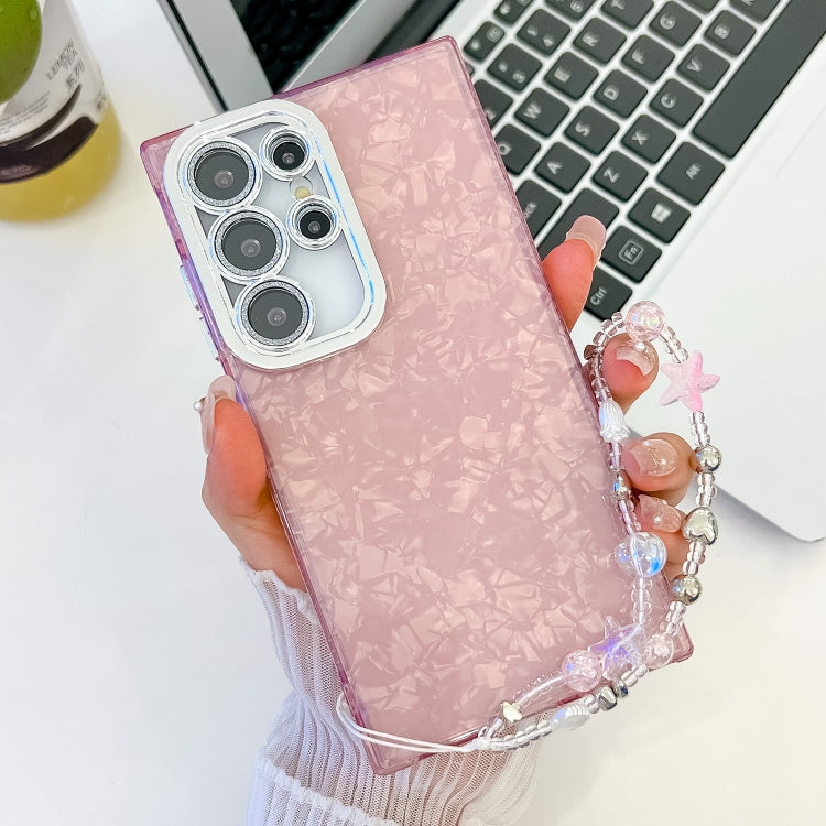 For Samsung Galaxy S23 Ultra 5G Plating Glitter Texture Chain Wristband TPU Phone Case with Lens Film