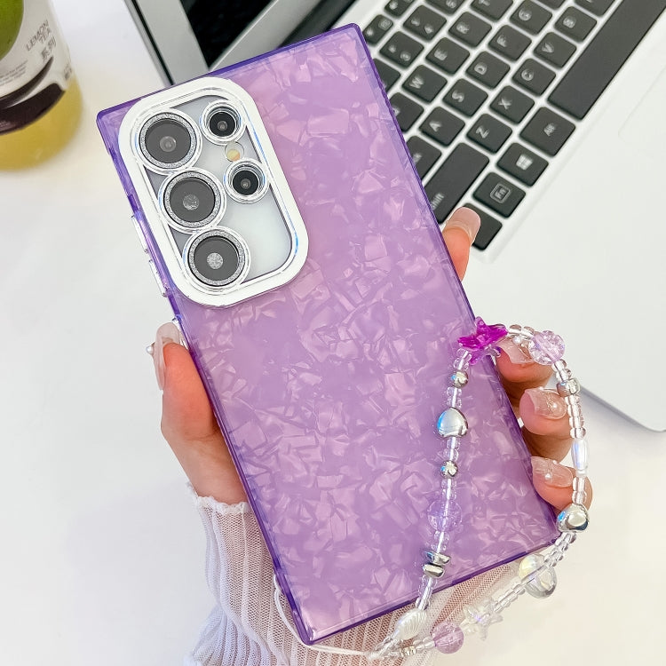 For Samsung Galaxy S23 Ultra 5G Plating Glitter Texture Chain Wristband TPU Phone Case with Lens Film