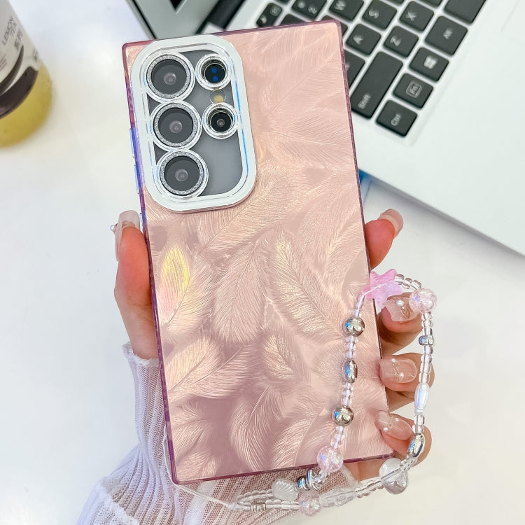 For Samsung Galaxy S23 Ultra 5G Plating Glitter Texture Chain Wristband TPU Phone Case with Lens Film