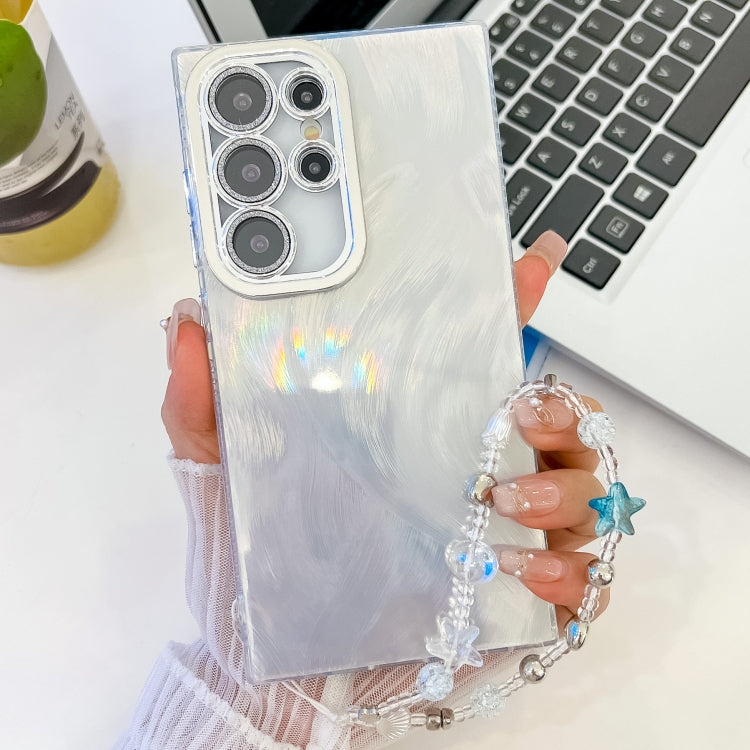 For Samsung Galaxy S23 Ultra 5G Plating Glitter Texture Chain Wristband TPU Phone Case with Lens Film