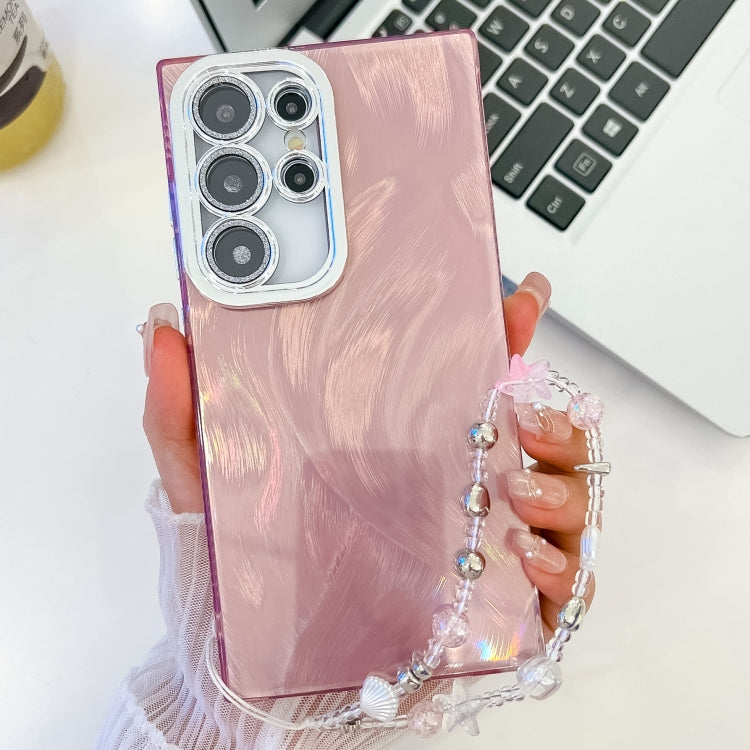 For Samsung Galaxy S23 Ultra 5G Plating Glitter Texture Chain Wristband TPU Phone Case with Lens Film
