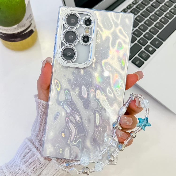 For Samsung Galaxy S23 Ultra 5G Plating Glitter Texture Chain Wristband TPU Phone Case with Lens Film