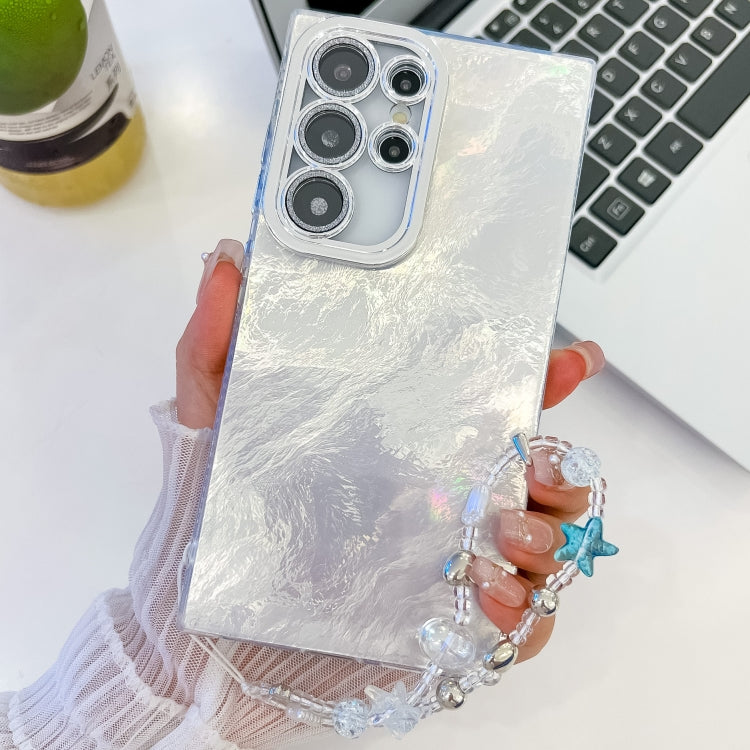 For Samsung Galaxy S23 Ultra 5G Plating Glitter Texture Chain Wristband TPU Phone Case with Lens Film