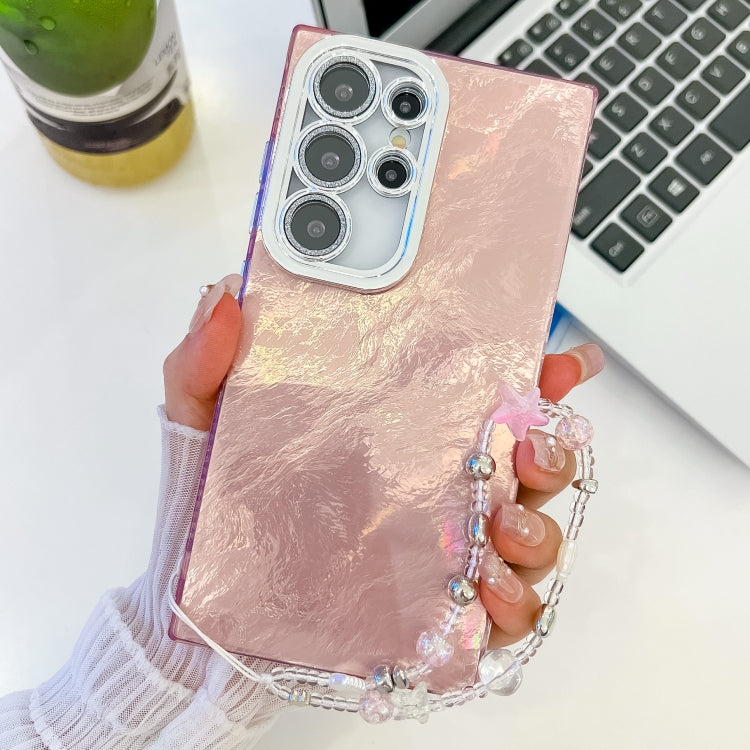 For Samsung Galaxy S23 Ultra 5G Plating Glitter Texture Chain Wristband TPU Phone Case with Lens Film