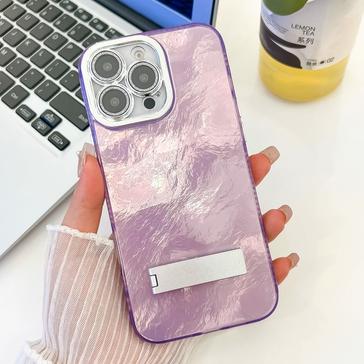 For iPhone 16 Pro Max Plating Glitter Texture Fold Holder TPU Phone Case with Lens Film