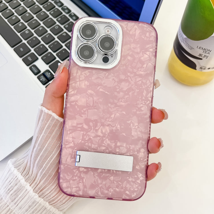 For iPhone 16 Pro Plating Glitter Texture Fold Holder TPU Phone Case with Lens Film
