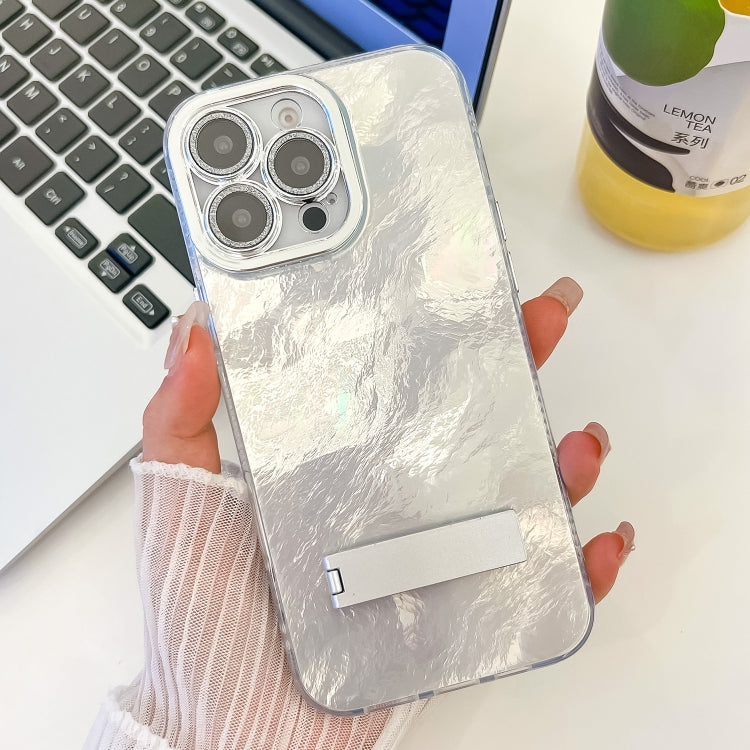 For iPhone 16 Pro Plating Glitter Texture Fold Holder TPU Phone Case with Lens Film