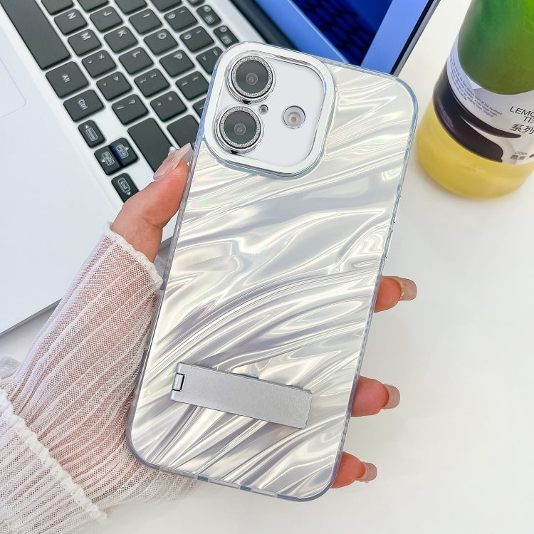 For iPhone 16 Plus Plating Glitter Texture Fold Holder TPU Phone Case with Lens Film