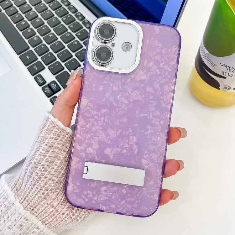 For iPhone 16 Plus Plating Glitter Texture Fold Holder TPU Phone Case with Lens Film