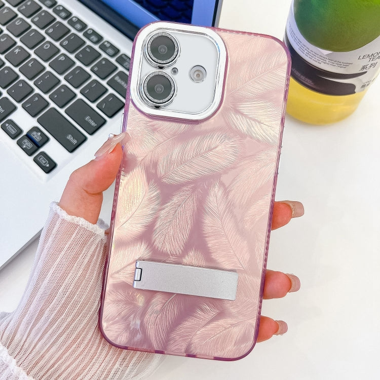 For iPhone 16 Plus Plating Glitter Texture Fold Holder TPU Phone Case with Lens Film