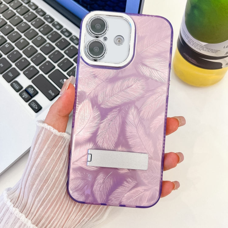 For iPhone 16 Plus Plating Glitter Texture Fold Holder TPU Phone Case with Lens Film