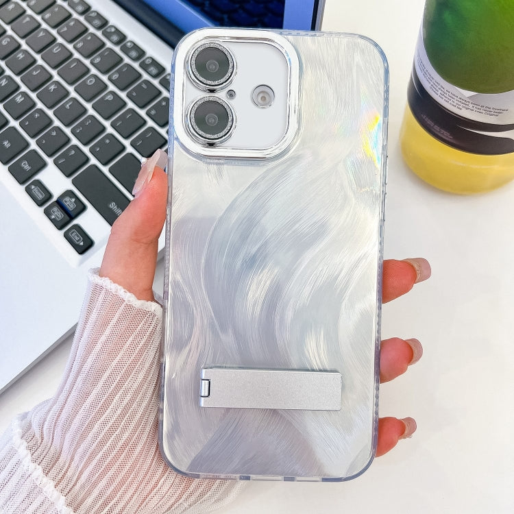 For iPhone 16 Plus Plating Glitter Texture Fold Holder TPU Phone Case with Lens Film