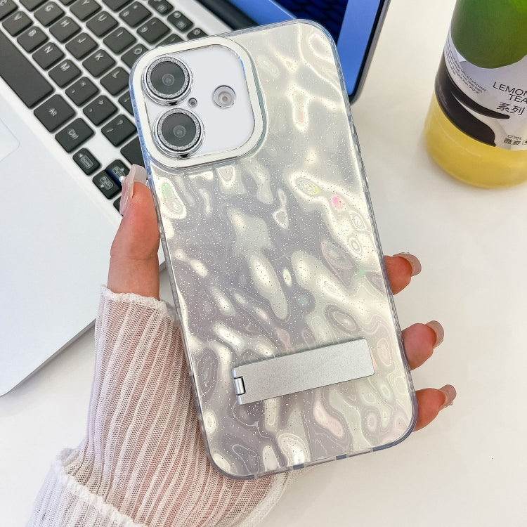 For iPhone 16 Plus Plating Glitter Texture Fold Holder TPU Phone Case with Lens Film