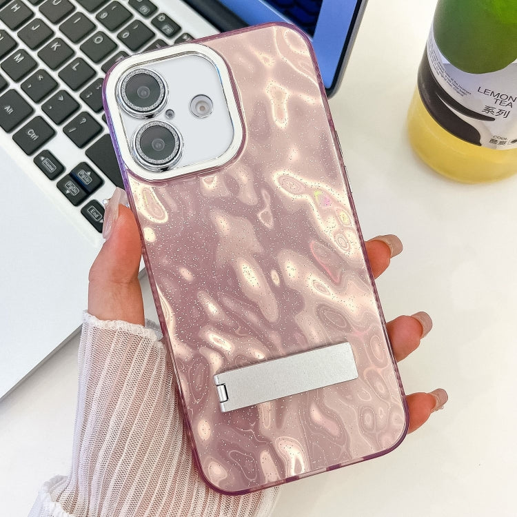 For iPhone 16 Plus Plating Glitter Texture Fold Holder TPU Phone Case with Lens Film