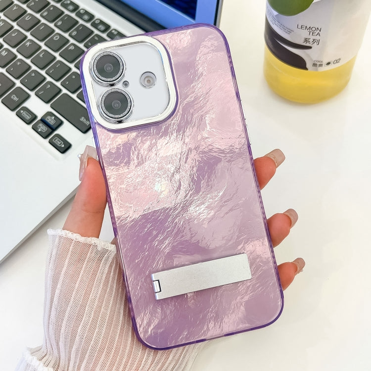 For iPhone 16 Plus Plating Glitter Texture Fold Holder TPU Phone Case with Lens Film