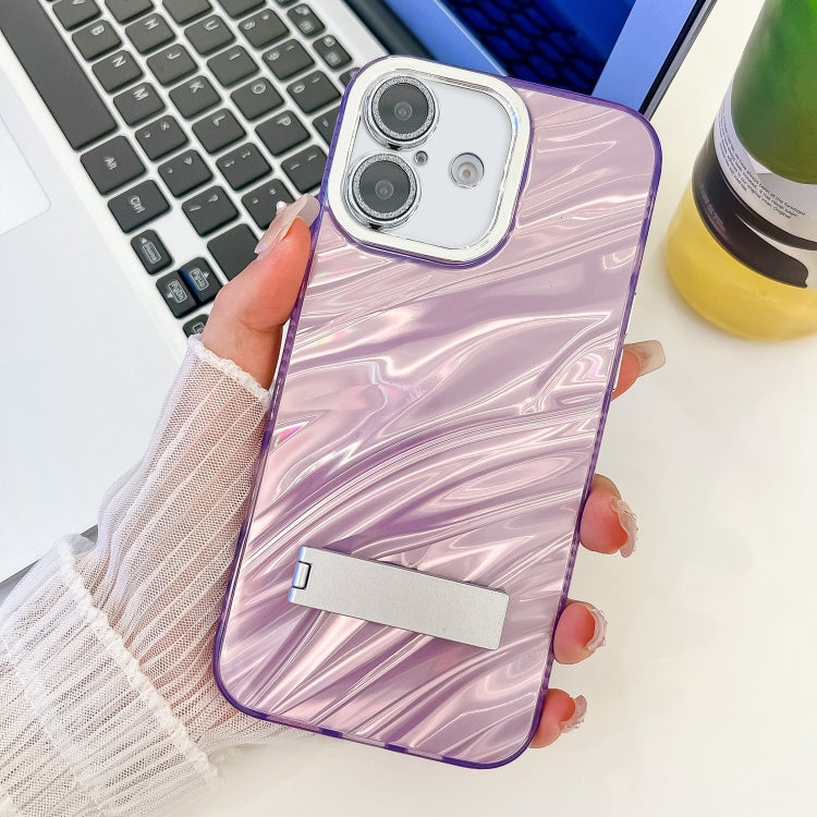 For iPhone 16 Plating Glitter Texture Fold Holder TPU Phone Case with Lens Film