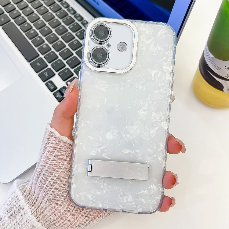 For iPhone 16 Plating Glitter Texture Fold Holder TPU Phone Case with Lens Film