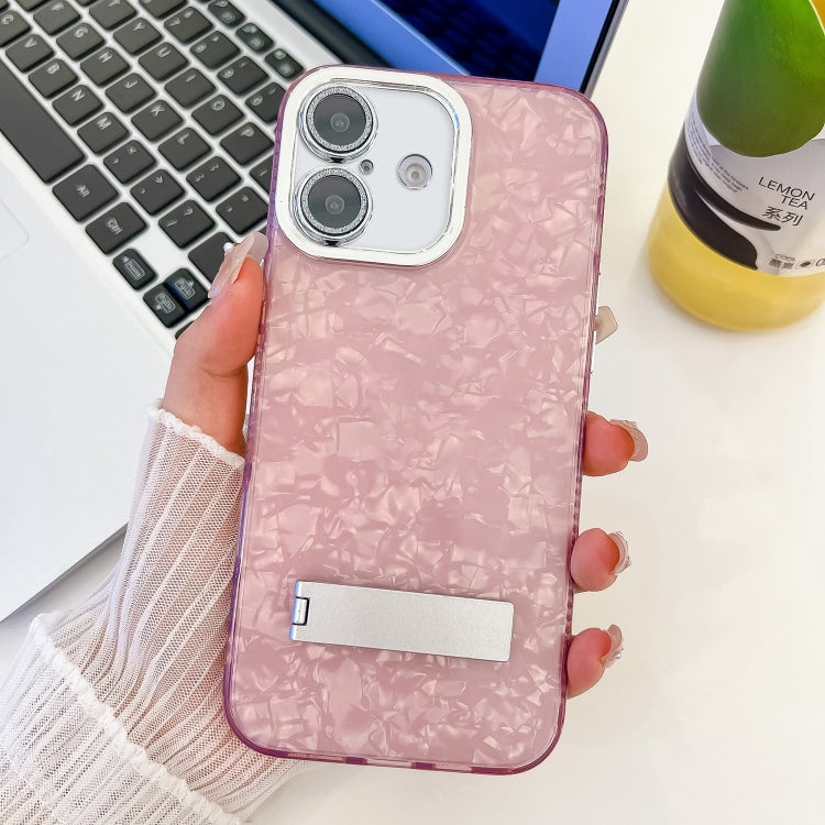 For iPhone 16 Plating Glitter Texture Fold Holder TPU Phone Case with Lens Film
