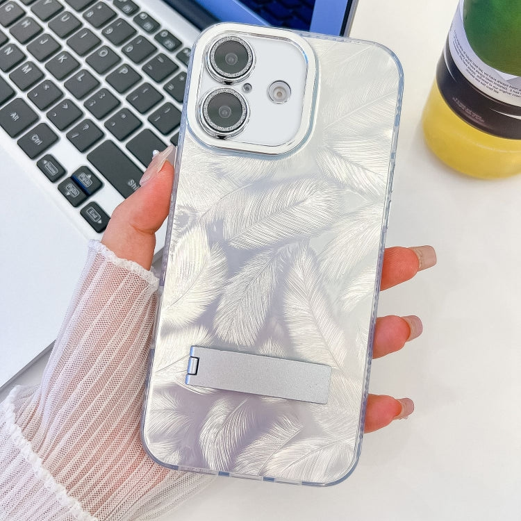 For iPhone 16 Plating Glitter Texture Fold Holder TPU Phone Case with Lens Film