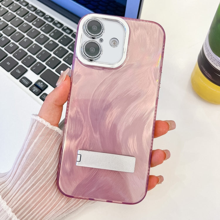For iPhone 16 Plating Glitter Texture Fold Holder TPU Phone Case with Lens Film