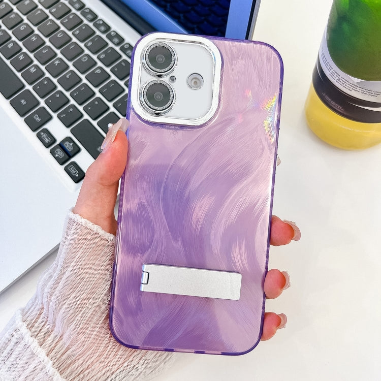 For iPhone 16 Plating Glitter Texture Fold Holder TPU Phone Case with Lens Film