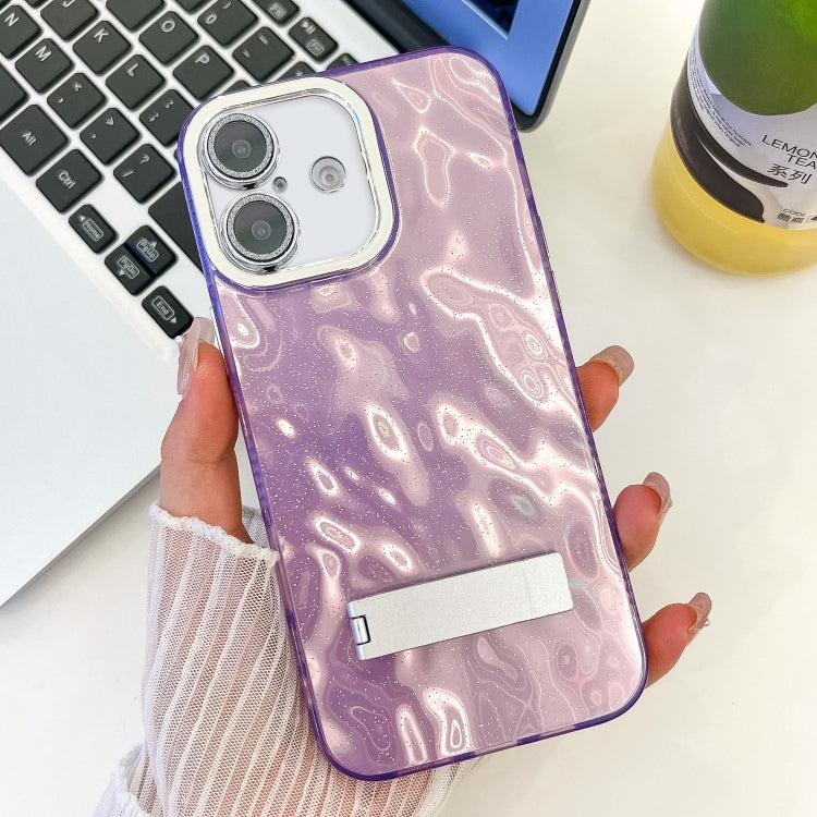 For iPhone 16 Plating Glitter Texture Fold Holder TPU Phone Case with Lens Film