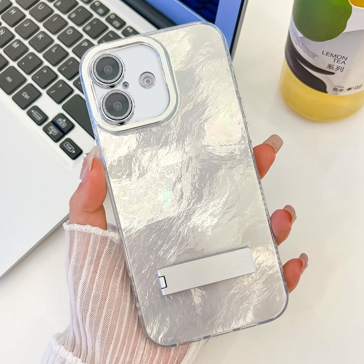 For iPhone 16 Plating Glitter Texture Fold Holder TPU Phone Case with Lens Film
