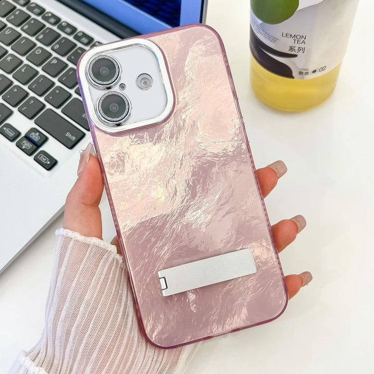 For iPhone 16 Plating Glitter Texture Fold Holder TPU Phone Case with Lens Film