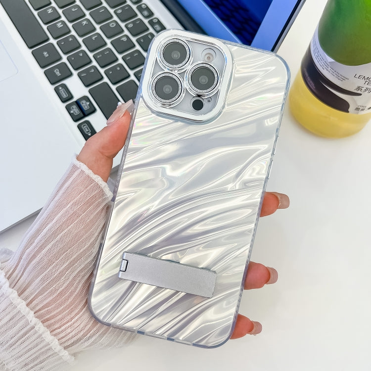 For iPhone 15 Pro Max Plating Glitter Texture Fold Holder TPU Phone Case with Lens Film