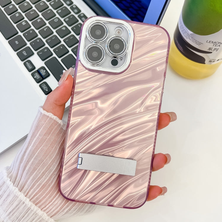 For iPhone 15 Pro Plating Glitter Texture Fold Holder TPU Phone Case with Lens Film