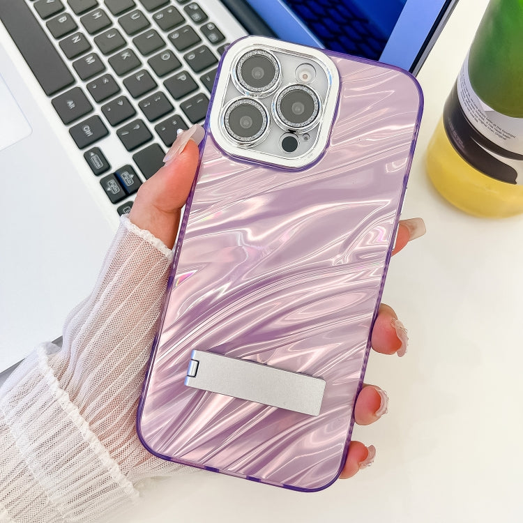 For iPhone 15 Pro Plating Glitter Texture Fold Holder TPU Phone Case with Lens Film