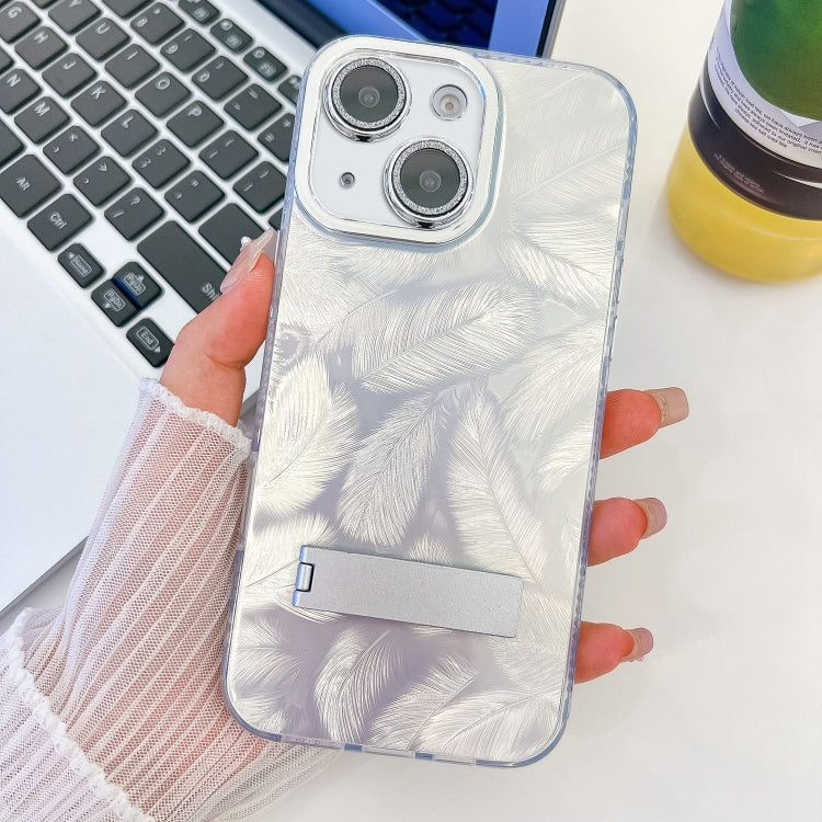 For iPhone 15 Plating Glitter Texture Fold Holder TPU Phone Case with Lens Film