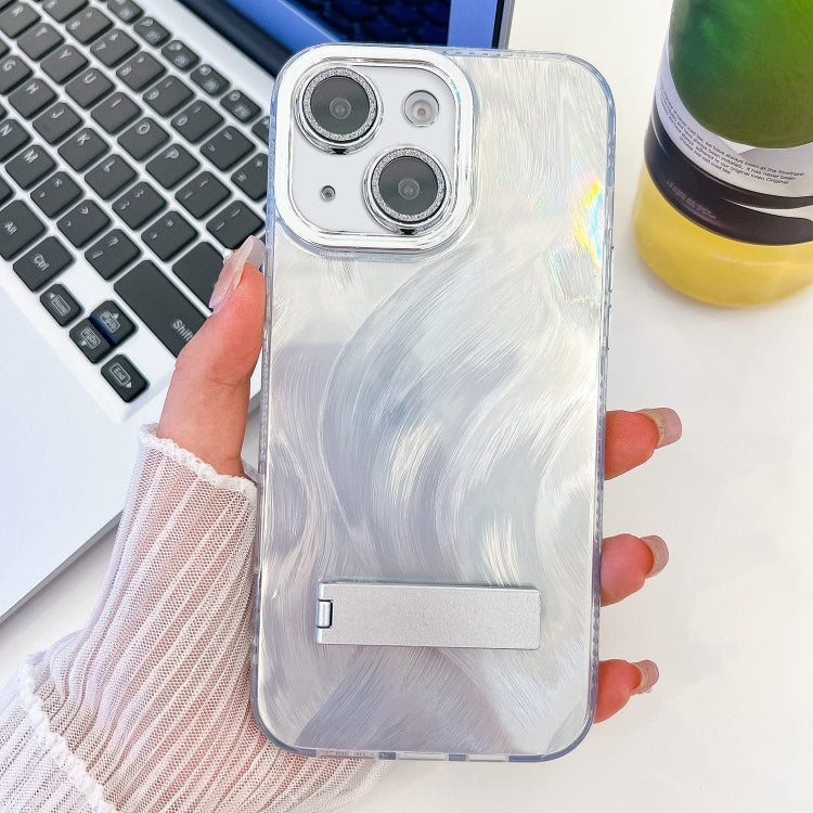 For iPhone 15 Plating Glitter Texture Fold Holder TPU Phone Case with Lens Film