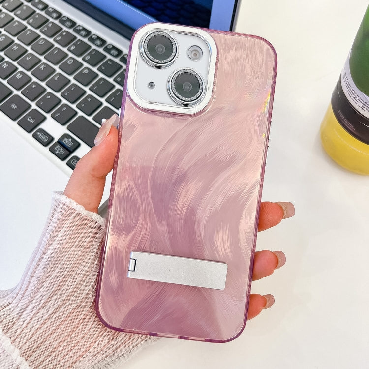 For iPhone 15 Plating Glitter Texture Fold Holder TPU Phone Case with Lens Film
