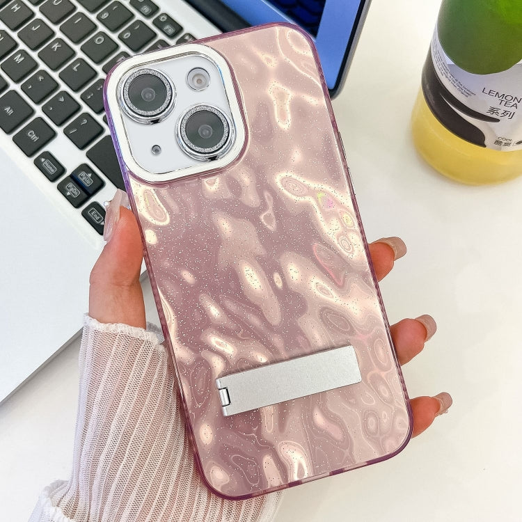 For iPhone 15 Plating Glitter Texture Fold Holder TPU Phone Case with Lens Film