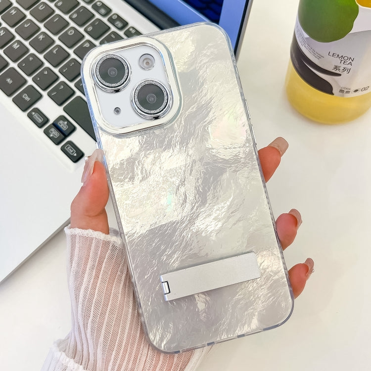 For iPhone 15 Plating Glitter Texture Fold Holder TPU Phone Case with Lens Film