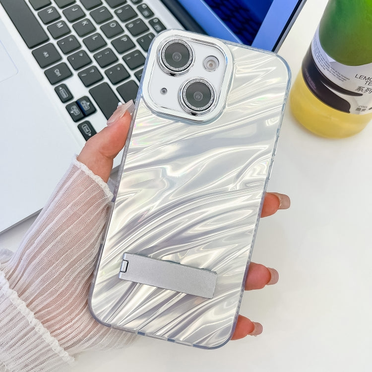 For iPhone 14 Plating Glitter Texture Fold Holder TPU Phone Case with Lens Film