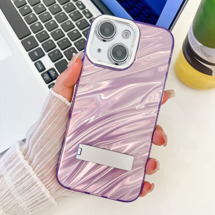 For iPhone 14 Plating Glitter Texture Fold Holder TPU Phone Case with Lens Film