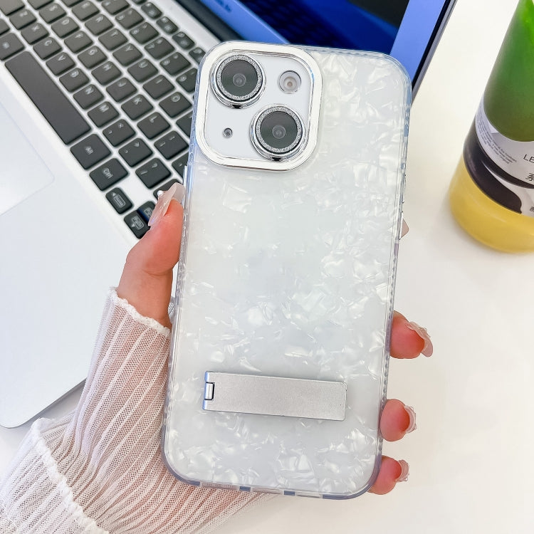 For iPhone 14 Plating Glitter Texture Fold Holder TPU Phone Case with Lens Film