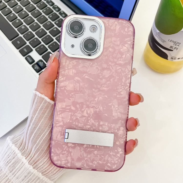 For iPhone 14 Plating Glitter Texture Fold Holder TPU Phone Case with Lens Film