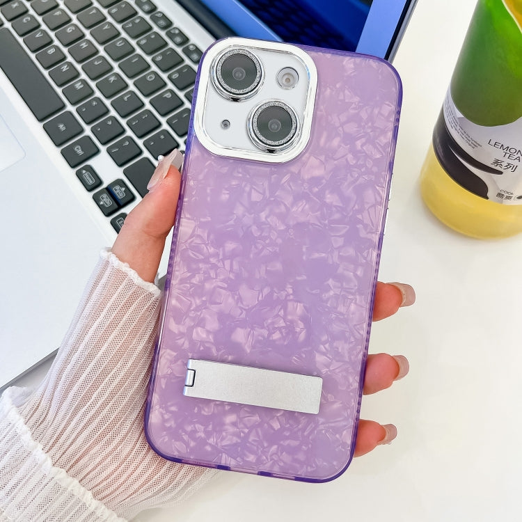For iPhone 14 Plating Glitter Texture Fold Holder TPU Phone Case with Lens Film