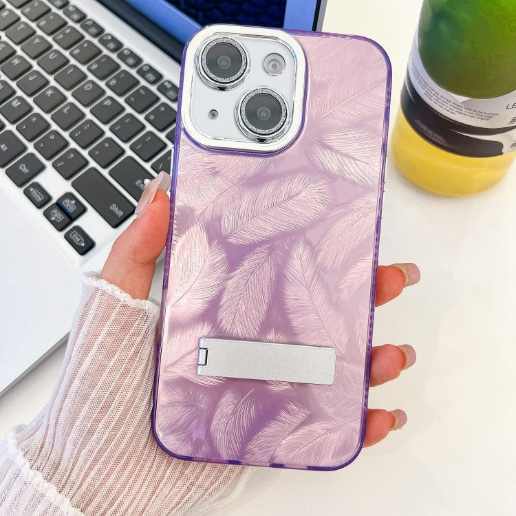For iPhone 14 Plating Glitter Texture Fold Holder TPU Phone Case with Lens Film
