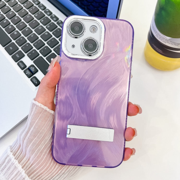 For iPhone 14 Plating Glitter Texture Fold Holder TPU Phone Case with Lens Film