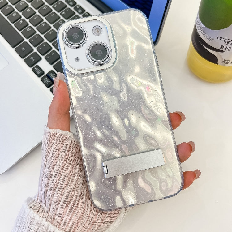 For iPhone 14 Plating Glitter Texture Fold Holder TPU Phone Case with Lens Film